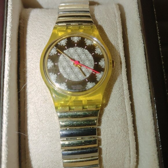 Vintage Swatch Gold Dial Watch With Yellow Transparent Case & Metal Bracelet main image 6